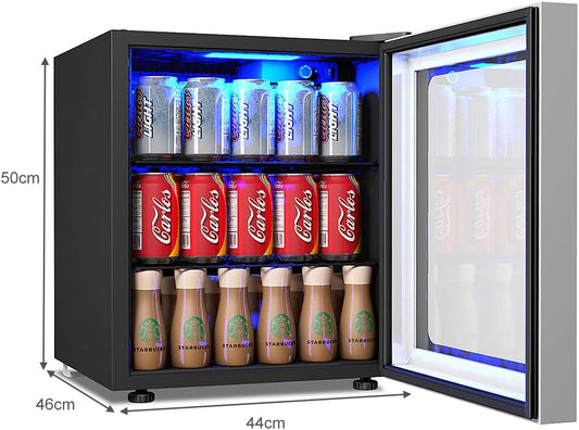 Mini Fridge 46L, 60 Can Quiet Frost Free Fridge with LED Light, 2 Adjustable Removable Shelves, Glass Door and Temperature Control, Table Top Wine Beverage Drink Cooler for Bedroom Hotel