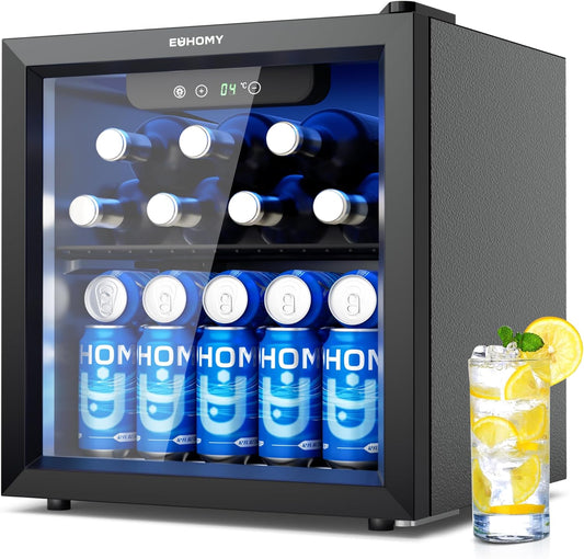Beer Fridge with Glass Door, Mini Drinks Fridge 55 Can, Wine Fridge with Blue LED, Beverage Refrigerators, Removable Shelves for Bar/Home/Office/Dorm, Black, 36 L