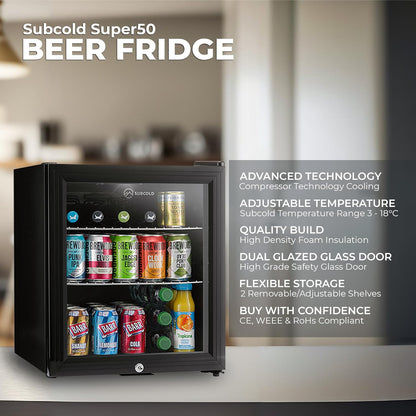 Mini Fridge Black | 50L Beer, Wine & Drinks Fridge | LED Light + Lock & Key | Energy Efficient (Black)