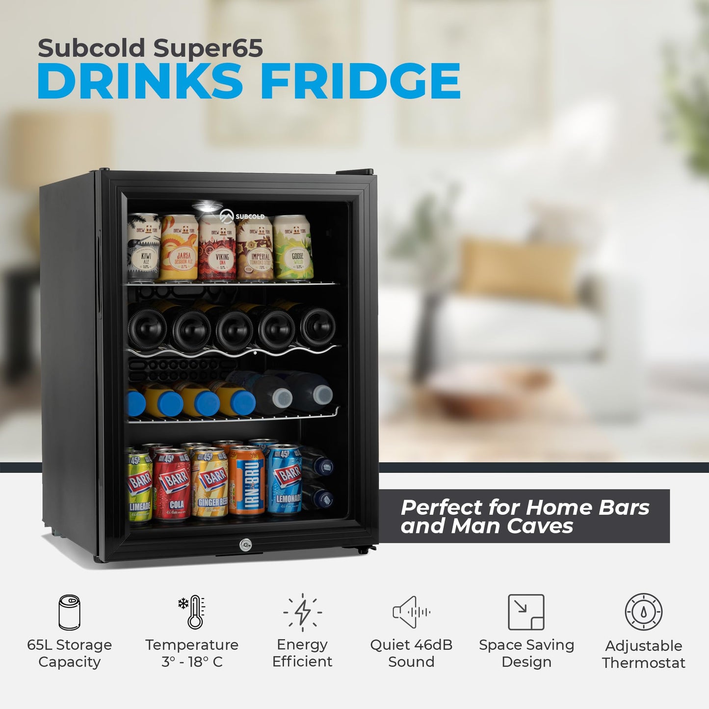 Super65 LED - Table-Top Fridge | 65L Beer, Wine & Drinks Fridge | LED Light + Lock & Key | Energy Efficient (Black)