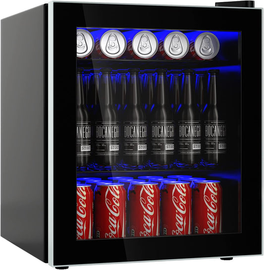 Mini Fridge 46L, Quiet Frost Free Wine Drinks Fridge with LED Light, Temperature Control, Glass Door, Adjustable Shelves & Feet, Portable Tabletop Beverage Cooler for Home Bedroom Office