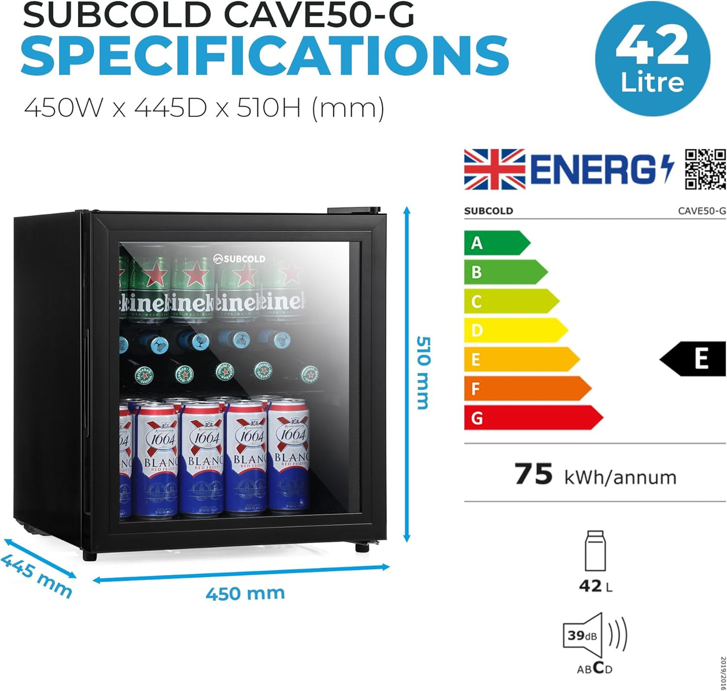 Mini Fridge 50L with Glass Door – Quiet Drinks & Beer Cooler with LED Light | Compact Small Fridge for Bedrooms, Gaming Rooms, Man Caves, Offices & Home Bars – Energy Efficient