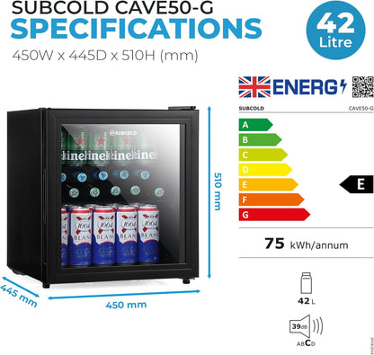 Mini Fridge 50L with Glass Door – Quiet Drinks & Beer Cooler with LED Light | Compact Small Fridge for Bedrooms, Gaming Rooms, Man Caves, Offices & Home Bars – Energy Efficient