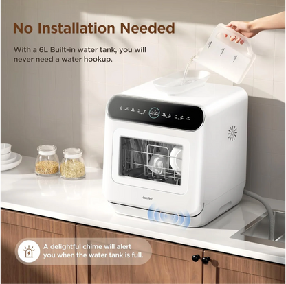 Mini Plus Dishwasher Compact Table Top Countertop Dishwasher with Built-in 6L Water Tank, Hygiene Wash, Auto Door Open Drying, Energy Class D - White